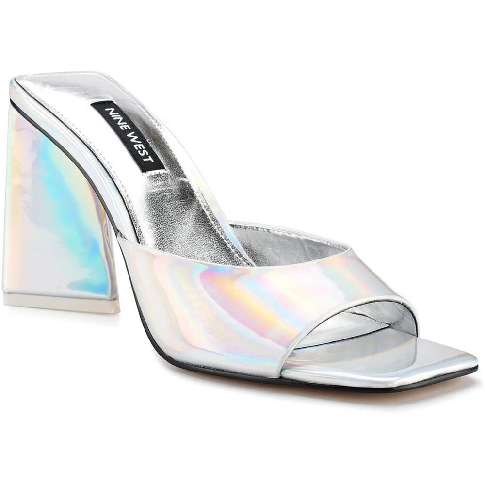 Nine West Womens Size 7M Yougo Heeled Slide Sandals in Iridescent Silver $99